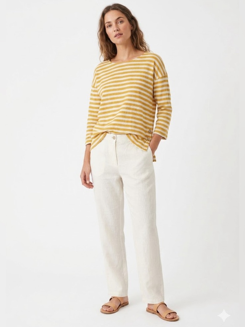 100% Linen Top Mustard Yellow Striped Long Sleeve Lagenlook Coastal Boho Medium